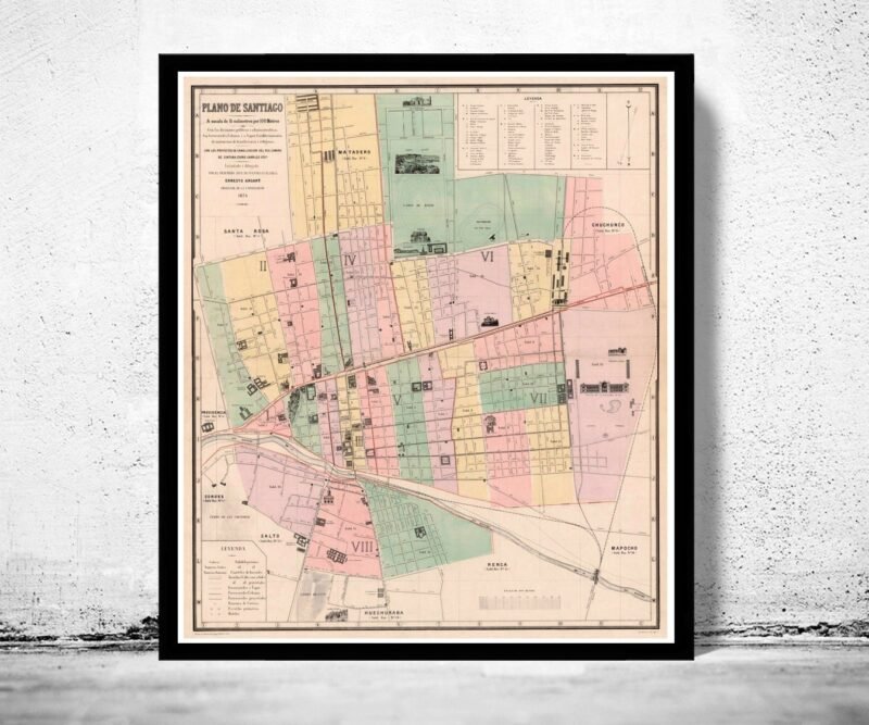 Old Map of Santiago de Chile 1875 Vintage Map | Vintage Poster Wall Art Print | Wall Map Print | Old Map Print | Map Gift| Housewarming Gift