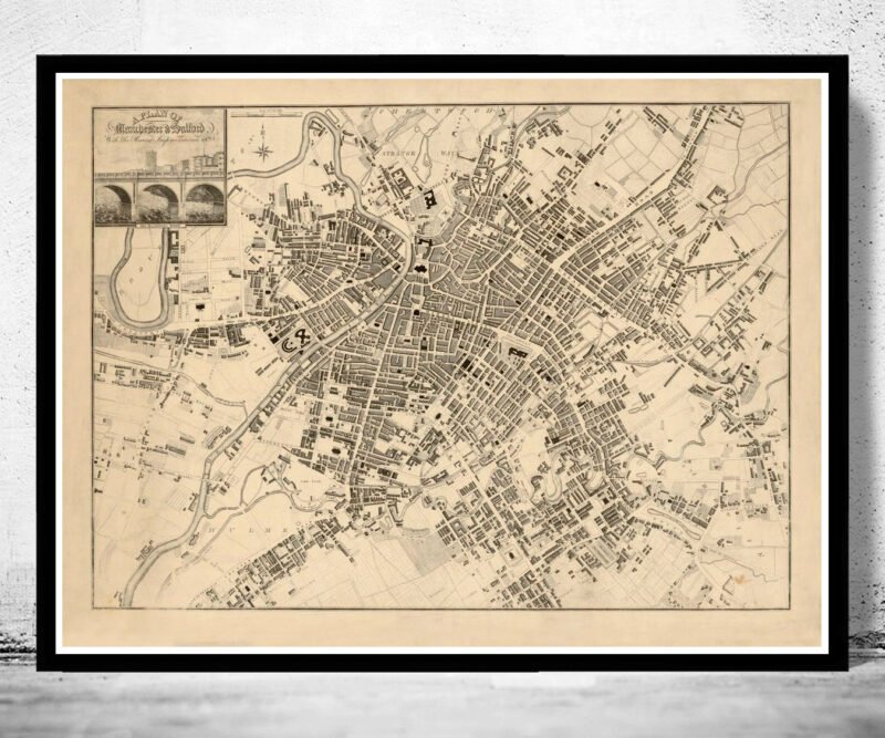 Old Map of Manchester United Kingdom 1825 Vintage Map | Vintage Poster Wall Art Print | Wall Map Print | Old Map Print | Map Gift