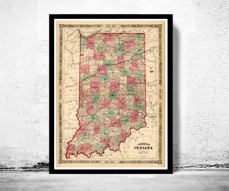 Old Map Indiana State 1864 United States of America | Vintage Poster Wall Art Print | Wall Map Print | Old Map Print | Map Gift