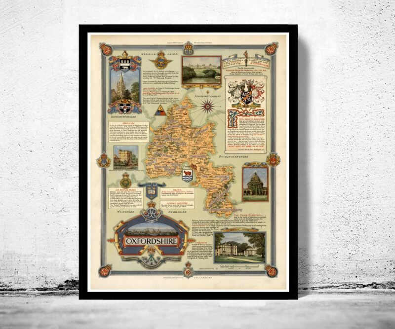 Vintage OxfordShire Map Oxford UK | Vintage Poster Wall Art Print | | Map Gift | Anniversary gift | Housewarming Gift