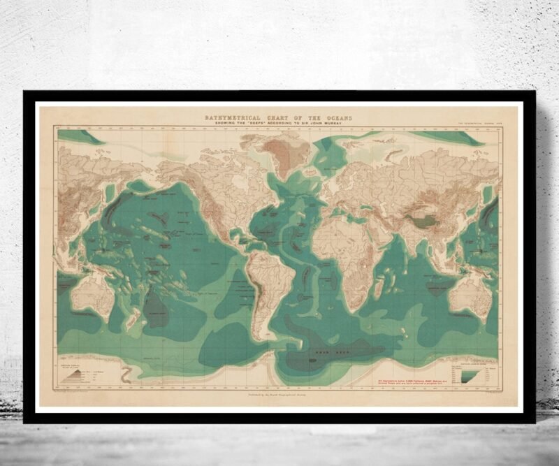 Bathymetrical chart of the oceans world map 1899 | World Map Gift World Map Print | Vintage World Map | World Map Wall Art | Map Gift