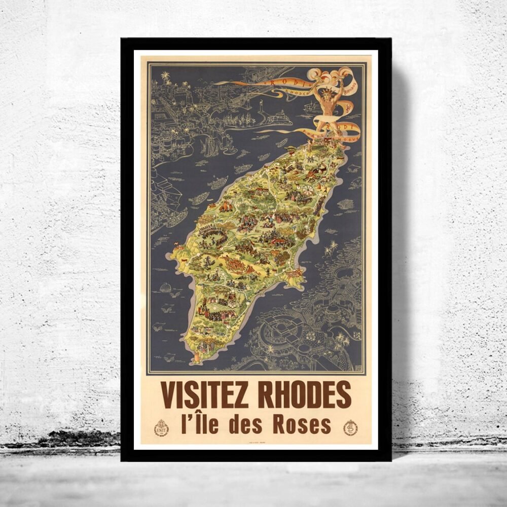 Old Poster of Rhodes Island Greece | Vintage Poster Wall Art Print | | Map Gift | Anniversary gift | Housewarming Gift