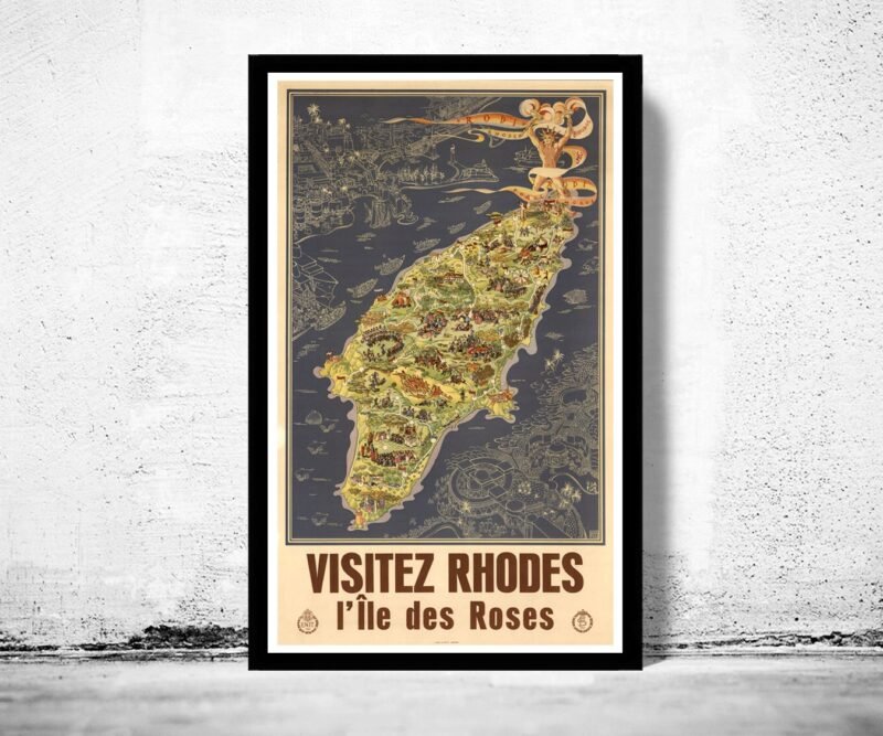 Old Poster of Rhodes Island Greece | Vintage Poster Wall Art Print | | Map Gift | Anniversary gift | Housewarming Gift