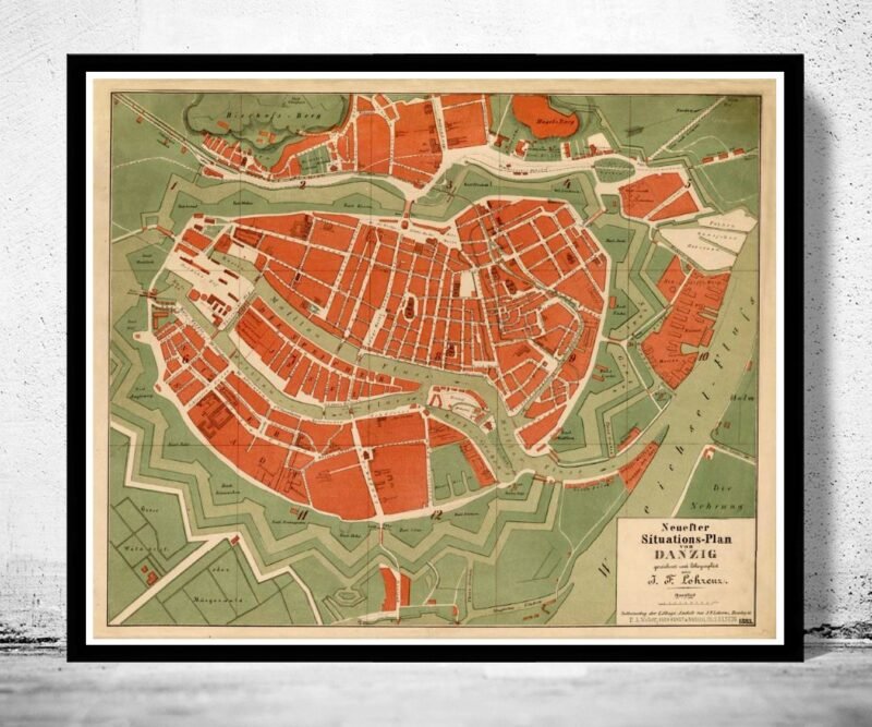 Old Map of Gdansk Danzig Poland 1883 | Vintage Poster Wall Art Print | Wall Map Print | Old Map Print | Map Gift | Anniversary gift