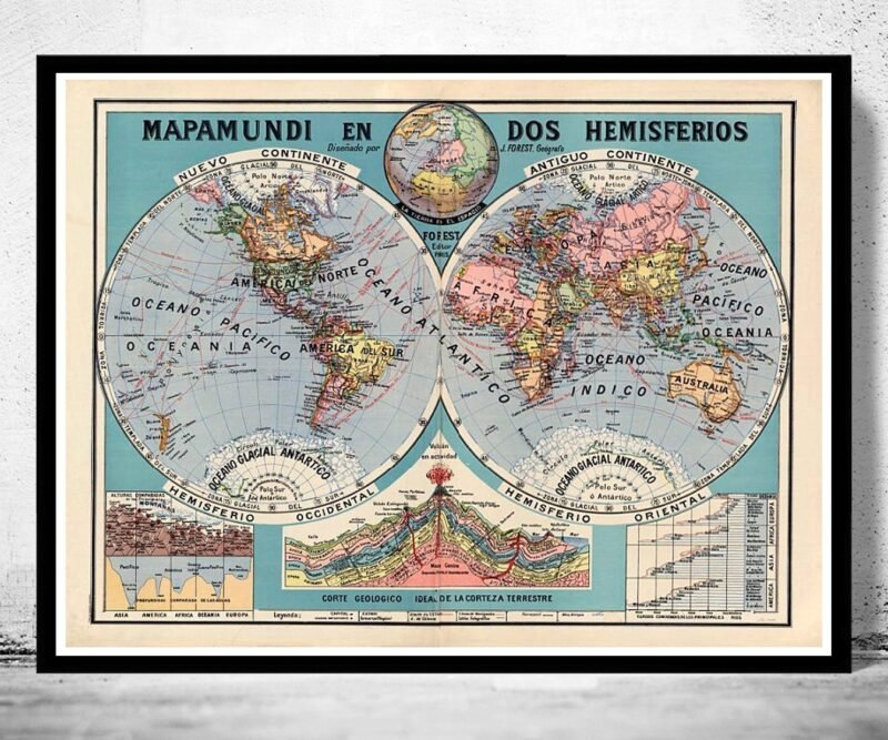 Vintage World Map 1929 Two Hemispheres | World Map Gift World Map Print | Vintage World Map | World Map Wall Art | Map Gift